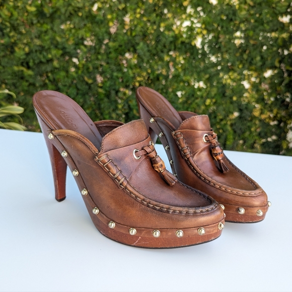 Gucci Brown Leather Mules with Metallic Gold Studs - Picture 13 of 13